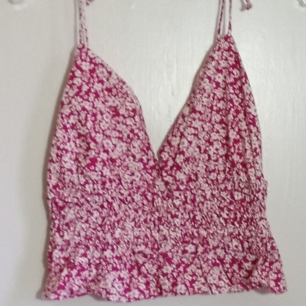 Sim & Sam floral berry triangle spaghetti strap tie smocked crop top